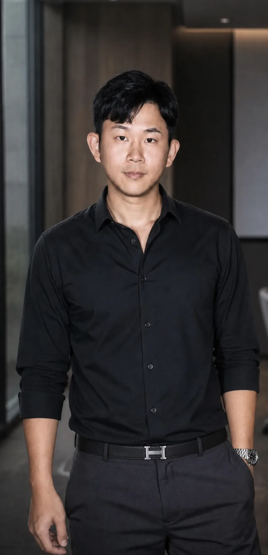佩戴精品皮帶與鋼款腕錶的課程講師 Steve